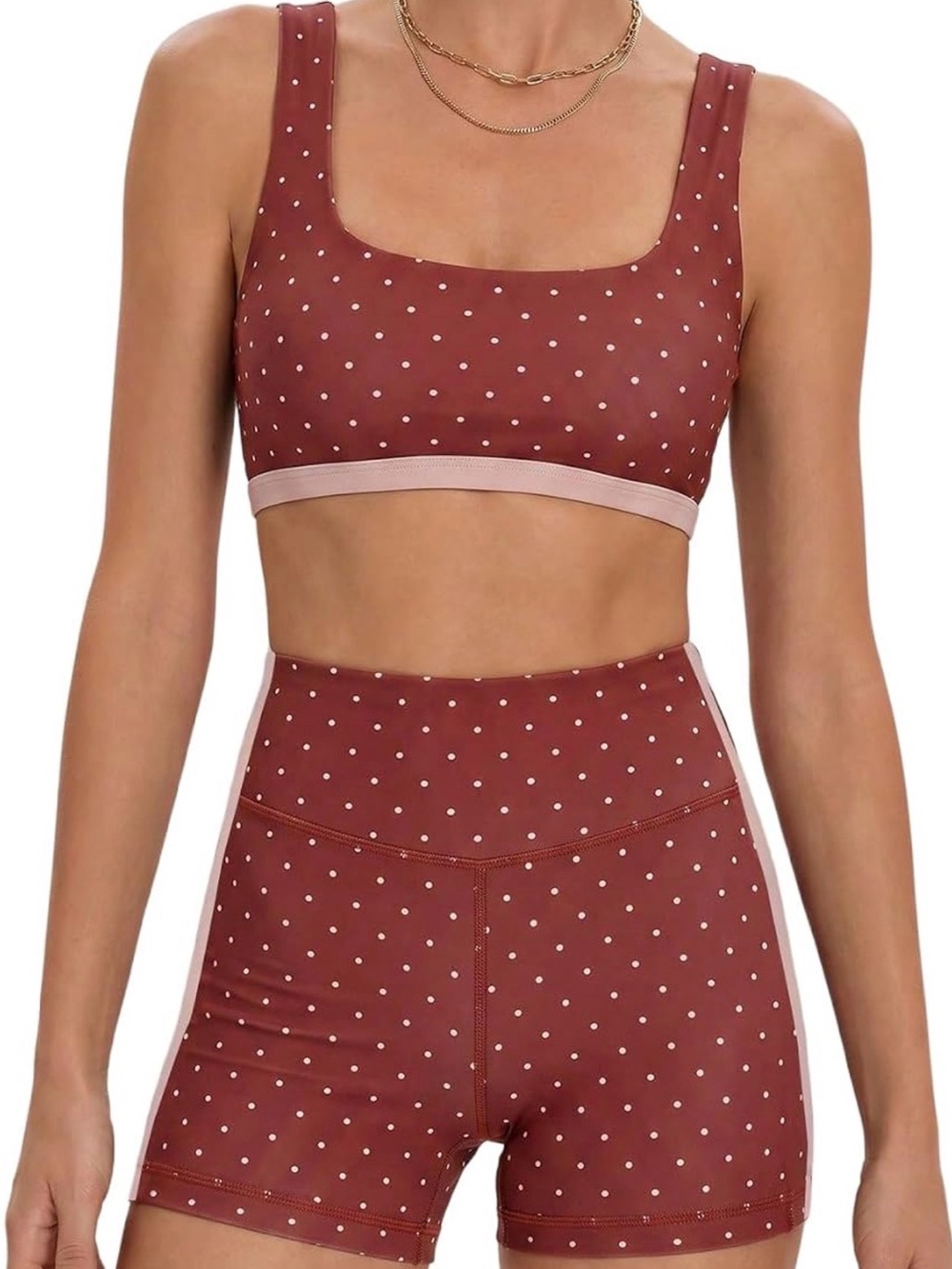 Polka Dot Scoop Sports Bra and High-Waist Shorts — Rust Polka